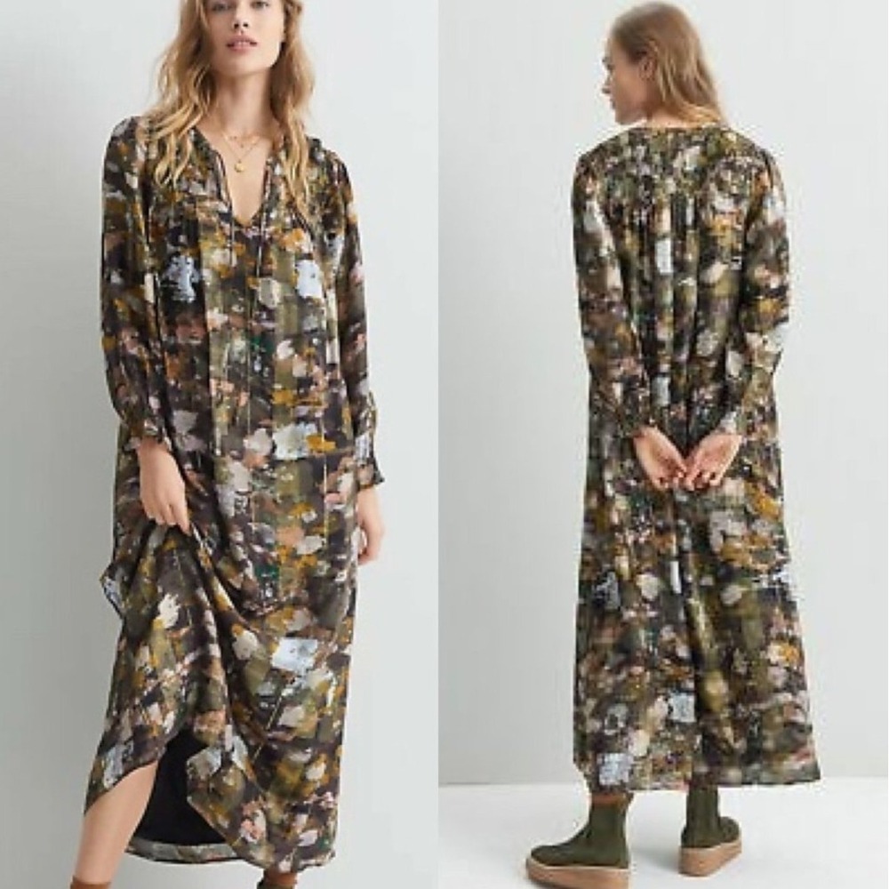 Anthropologie NWT Blair Maxi Dress Long Sleeve Smocked Gold‎ Metallic Detail S